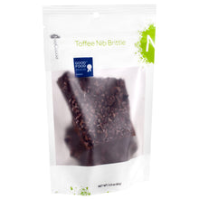 Load image into Gallery viewer, Nib brittle closed, front 3oz sized bag with label stating “Toffee Nib Brittle” and a light green NeoCocoa logo and a blue “Good Food Award” sticker..