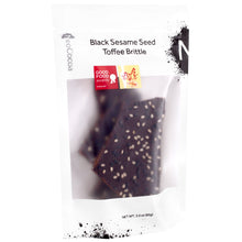 Load image into Gallery viewer, Sesame brittle closed bag, front 3oz sized bag with label stating “Black Sesame Seed Toffee Brittle” and NeoCocoa logo, with a Good Food Award sticker and a SOFI Gold award sticker.