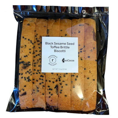 Clear bag with 6 pieces of sesame biscotti with a label stating 