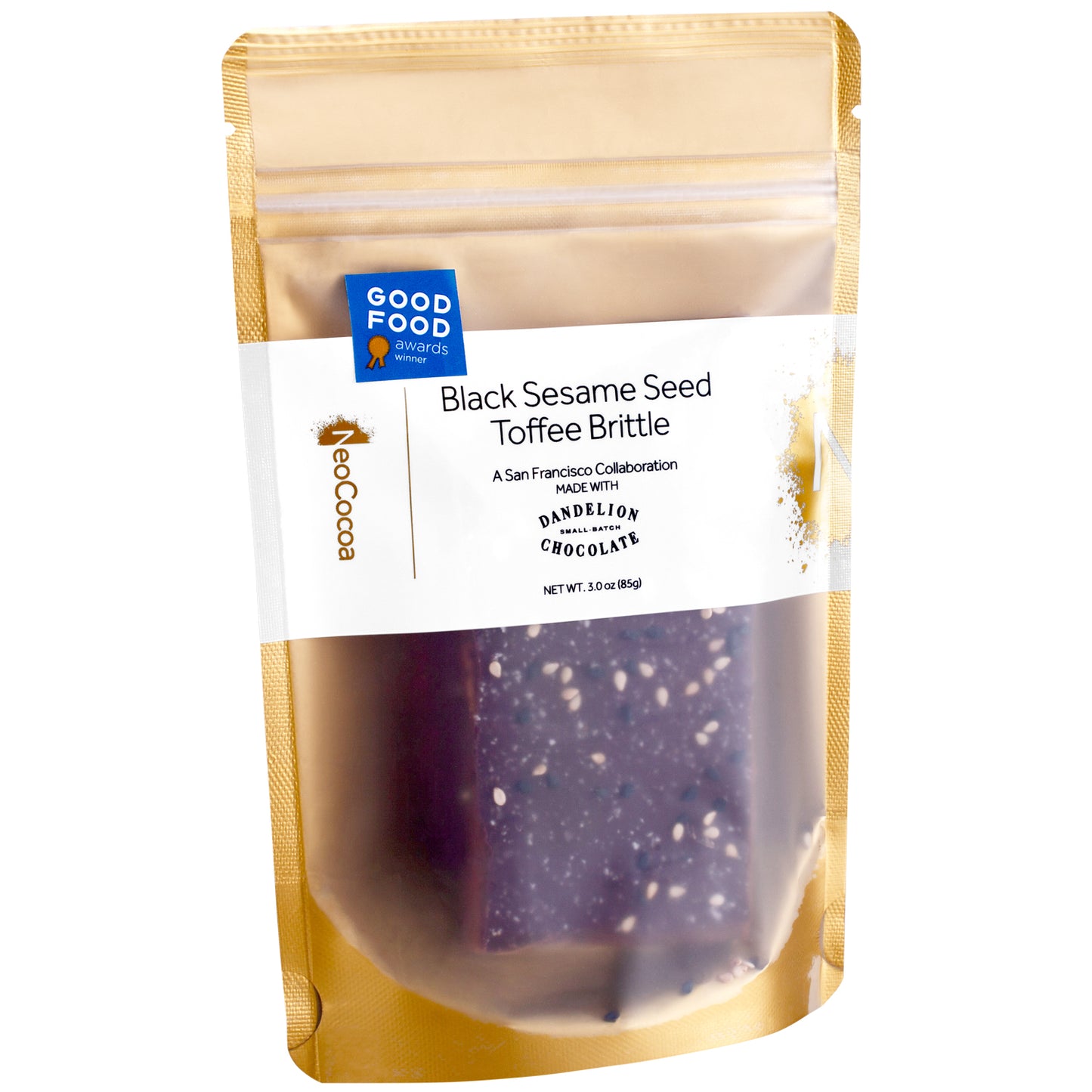 Sealed sesame brittle, front 3oz sized gold bag with label stating “Black Sesame Seed Toffee Brittle” collaboration with Dandelion Chocolate and NeoCocoa logo, with Good Food Award sticker