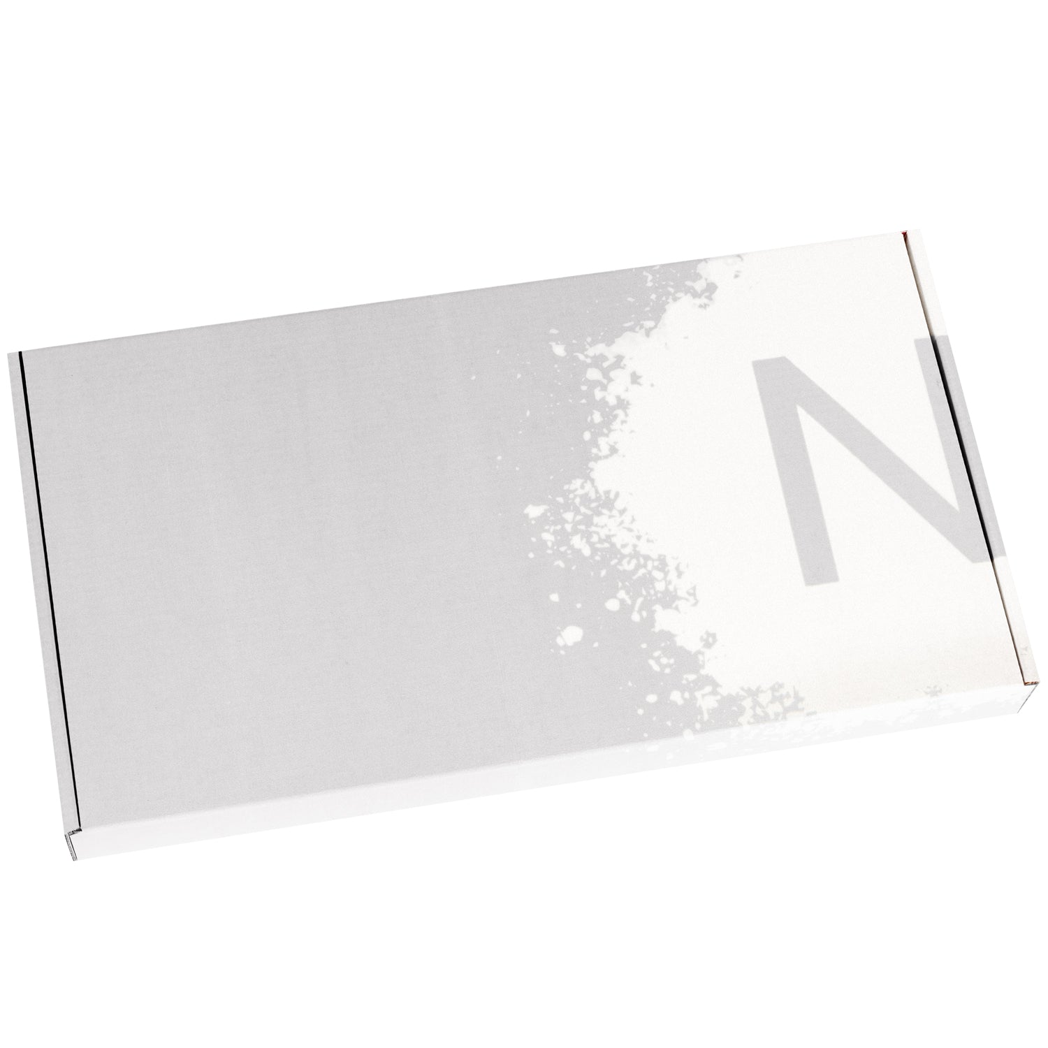 Closed silver colored rectangle brittle gift box showing NeoCocoa logo on lid in white.