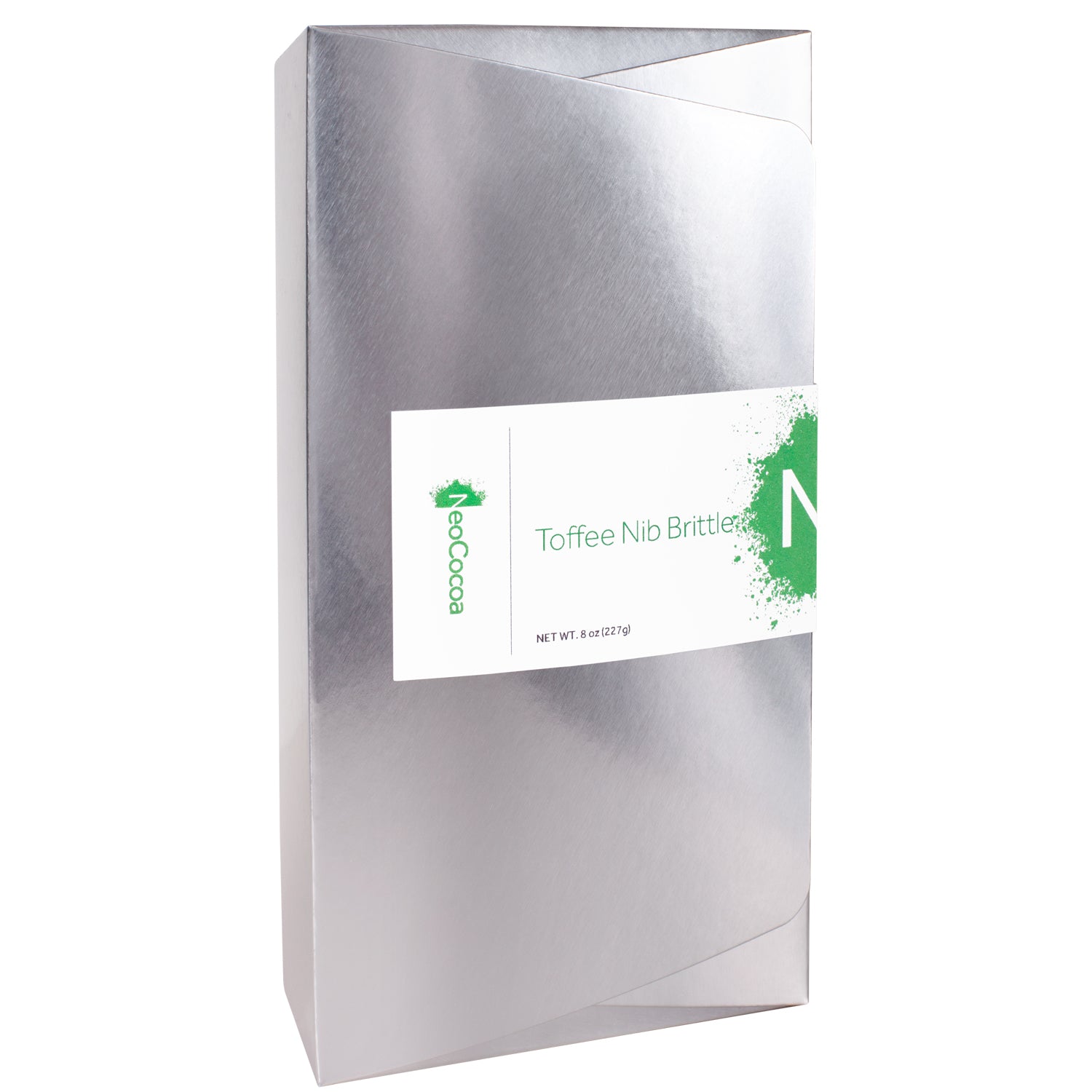 2 dimensional angle of a closed 8oz silver box with title of “Toffee Nib Brittle” and a green NeoCocoa logo.