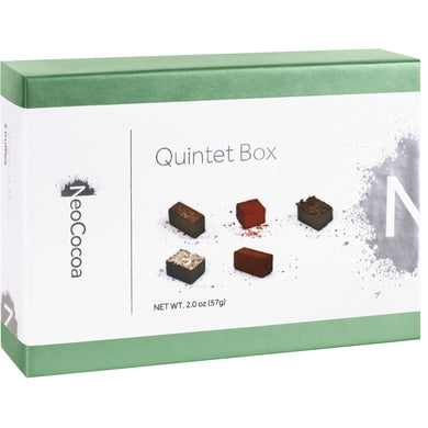 Closed 2 dimensional rectangle box with a label wrapped around the box stating, “Quintet Box” with NeoCocoa logo. Images of the 5 truffle found inside.