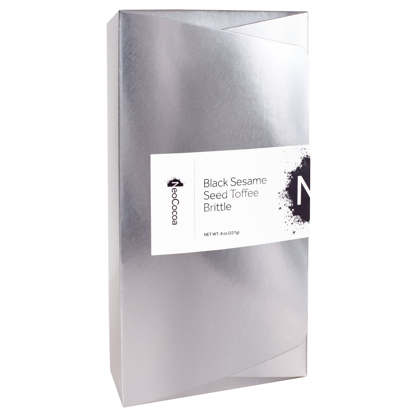 2 dimensional silver rectangle angle of closed 8oz box with title of “Black Sesame Seed Toffee Brittle” and a black NeoCocoa logo.