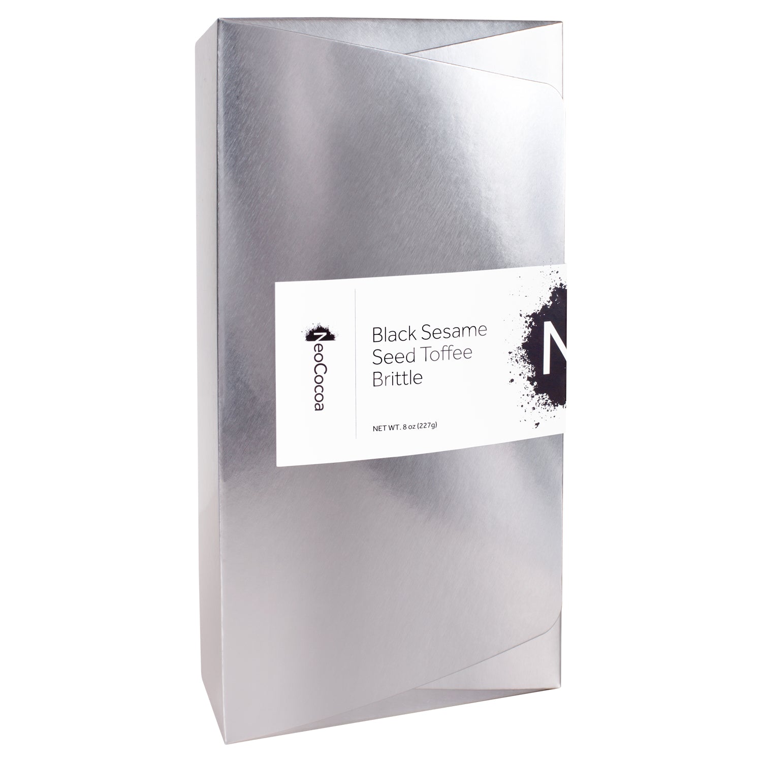 2 dimensional silver rectangle angle of closed 8oz box with title of “Black Sesame Seed Toffee Brittle” and a black NeoCocoa logo.
