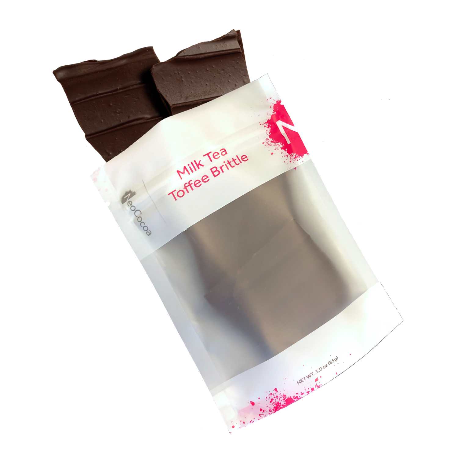 Milk Tea brittle pouring out of 3oz sized bag with label stating “Milk Tea Toffee Brittle” and a pink NeoCocoa logo.